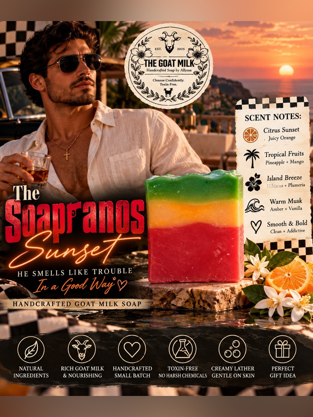 The Soapranos Sunset Handcrafted Goat Milk Soap bar he smells like trouble